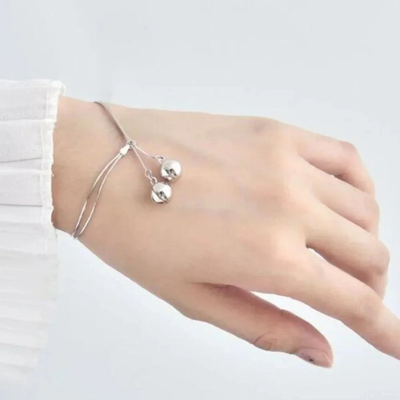 925 Sterling Silver Dangle Ball Charm Bracelet Double Layer Snakechain Bracelet - Picture 6 of 6